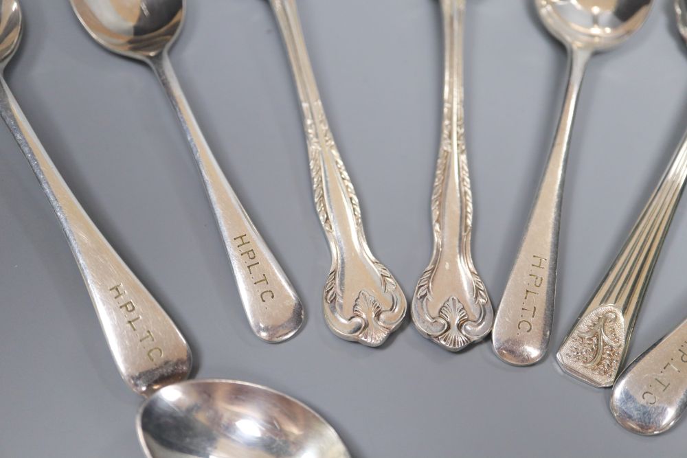 A silver christening knife and fork, a modern silver hand bell, a similar sterling bell and minor plated spoons.